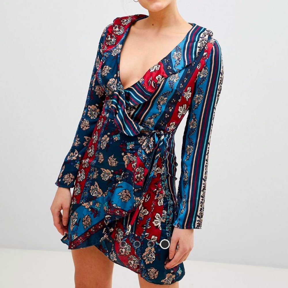 Parisian Petite Wrap Dress w/ Frill Trimming.